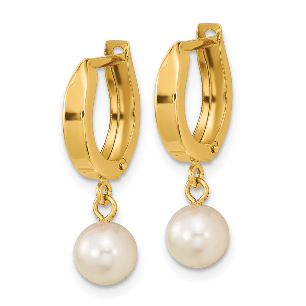 14K Yellow Gold 6-7mm White Round Akoya Saltwater Cultured Pearl Hoop Dangle Earrings