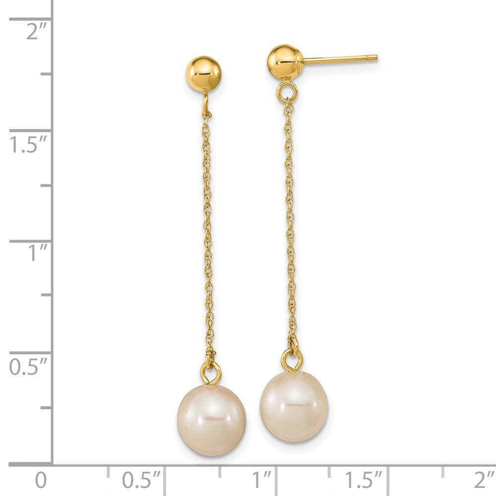 14K Yellow Gold 7-8mm White Round FWC Pearl Dangle Post Earrings