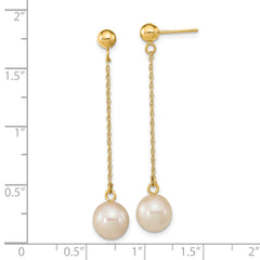14K Yellow Gold 7-8mm White Round FWC Pearl Dangle Post Earrings