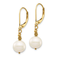 14K Yellow Gold 8-9mm Near Round White FWC Pearl Leverback Earrings