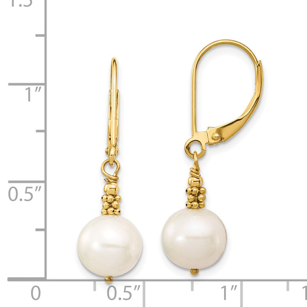 14K Yellow Gold 8-9mm Near Round White FWC Pearl Leverback Earrings