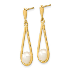 14K Yellow Gold 5-6mm White Rice FWC Pearl Dangle Post Earrings