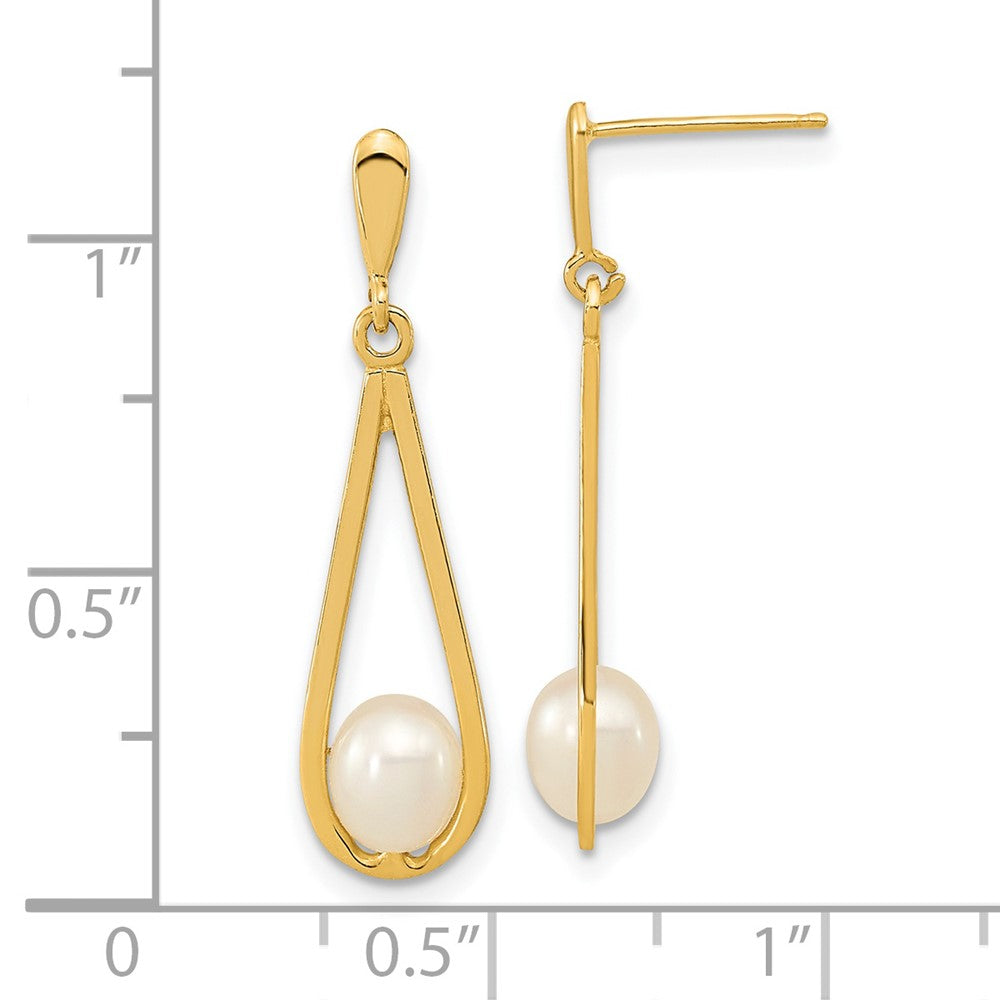 14K Yellow Gold 5-6mm White Rice FWC Pearl Dangle Post Earrings