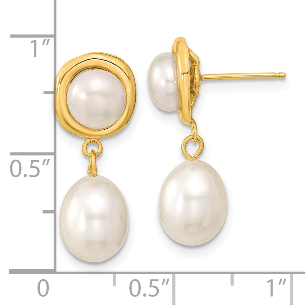 14K Yellow Gold 5-7mm White Button Rice FWC Pearl Dangle Post Earrings