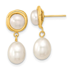 14K Yellow Gold 5-7mm White Button Rice FWC Pearl Dangle Post Earrings