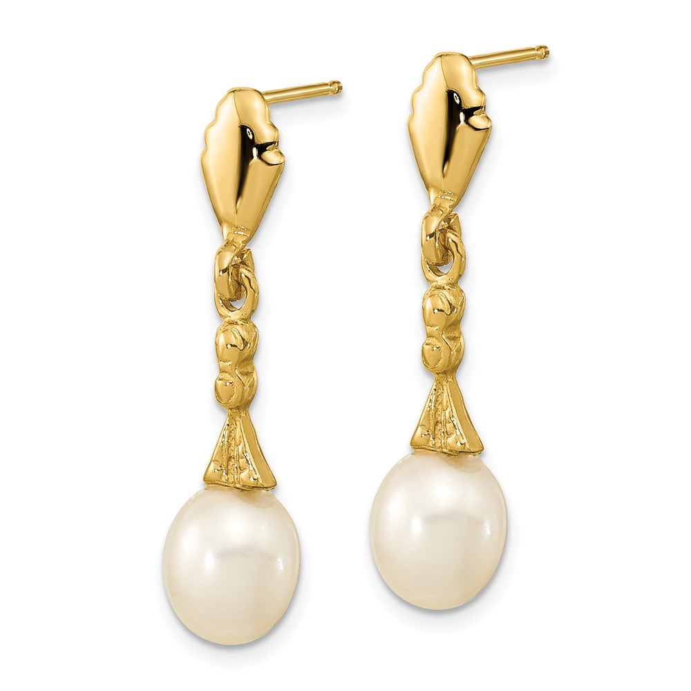 14K Yellow Gold 5-6mm White Teardrop FWC Pearl Dangle Post Earrings