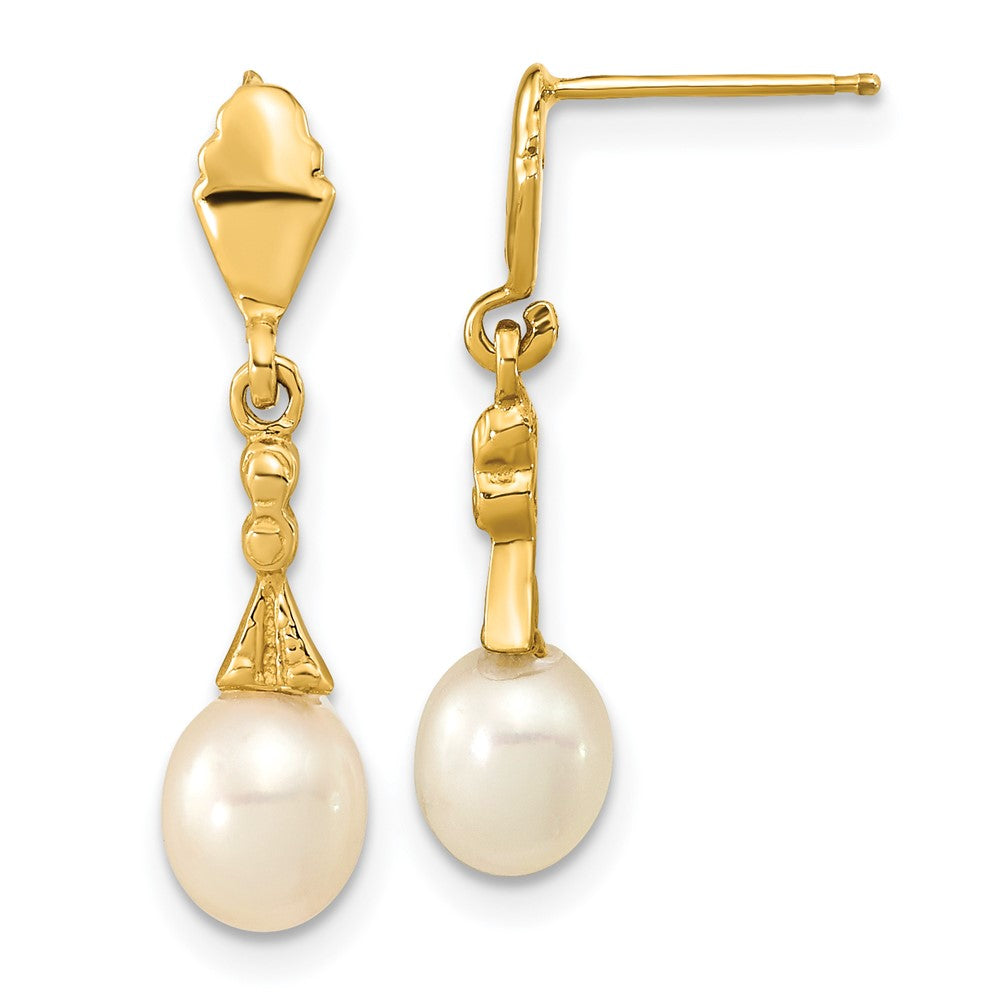 14K Yellow Gold 5-6mm White Teardrop FWC Pearl Dangle Post Earrings