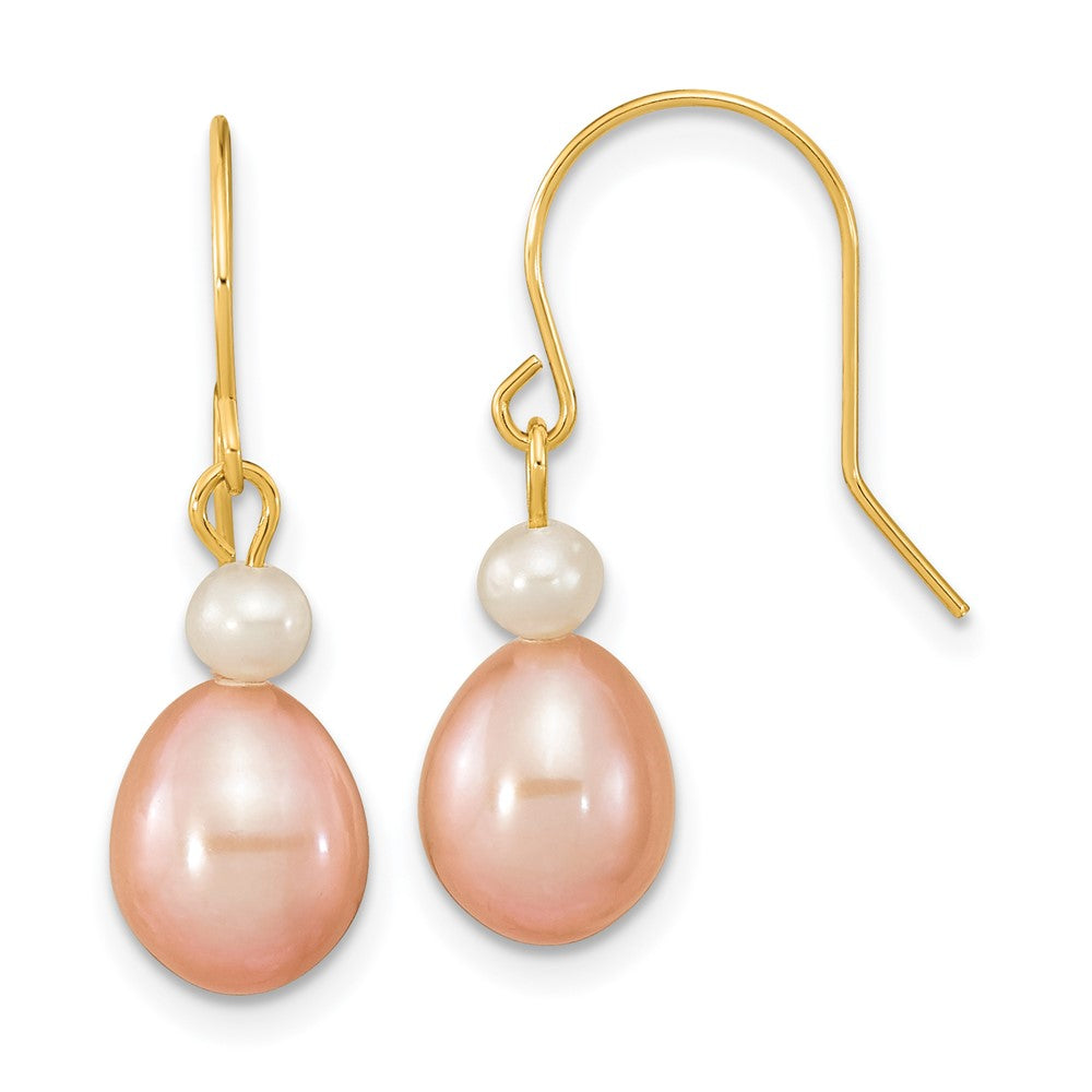 14K Yellow Gold 7-8mm White Pink Round Rice FWC Pearl Dangle Earrings
