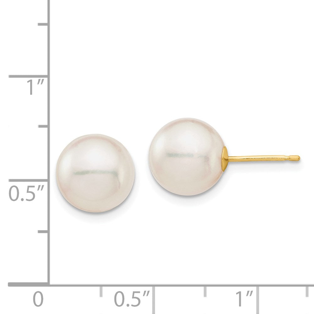 14K Yellow Gold 9-10mm White Round Saltwater Akoya Cultured Pearl Stud Post Earrings