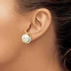 14K Yellow Gold 12-13mm Saltwater Cultured Mabe Pearl .10ct Diamond Omega Back Earrings