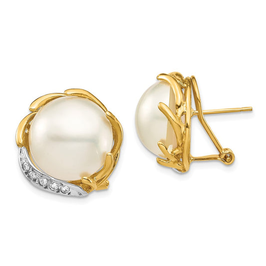 14K Yellow Gold 12-13mm Saltwater Cultured Mabe Pearl .10ct Diamond Omega Back Earrings