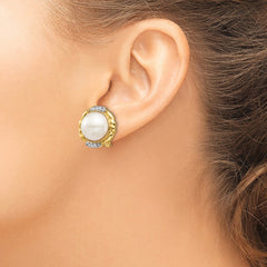 14K Yellow Gold 13-14mm White Saltwater Cultur Mabe Pearl .16ct Diamond Omega Back Earrings