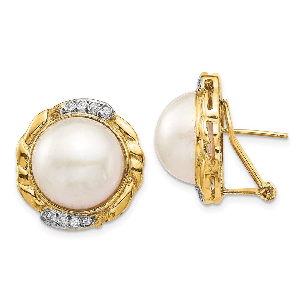 14K Yellow Gold 13-14mm White Saltwater Cultur Mabe Pearl .16ct Diamond Omega Back Earrings