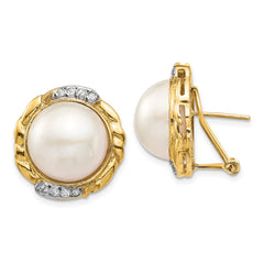 14K Yellow Gold 13-14mm White Saltwater Cultur Mabe Pearl .16ct Diamond Omega Back Earrings