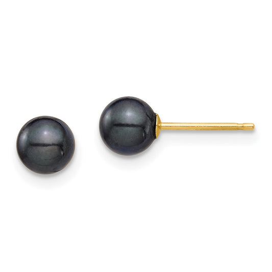 14K Yellow Gold 5-6mm Round Black Saltwater Akoya Cultured Pearl Stud Post Earrings