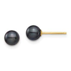 14K Yellow Gold 5-6mm Round Black Saltwater Akoya Cultured Pearl Stud Post Earrings