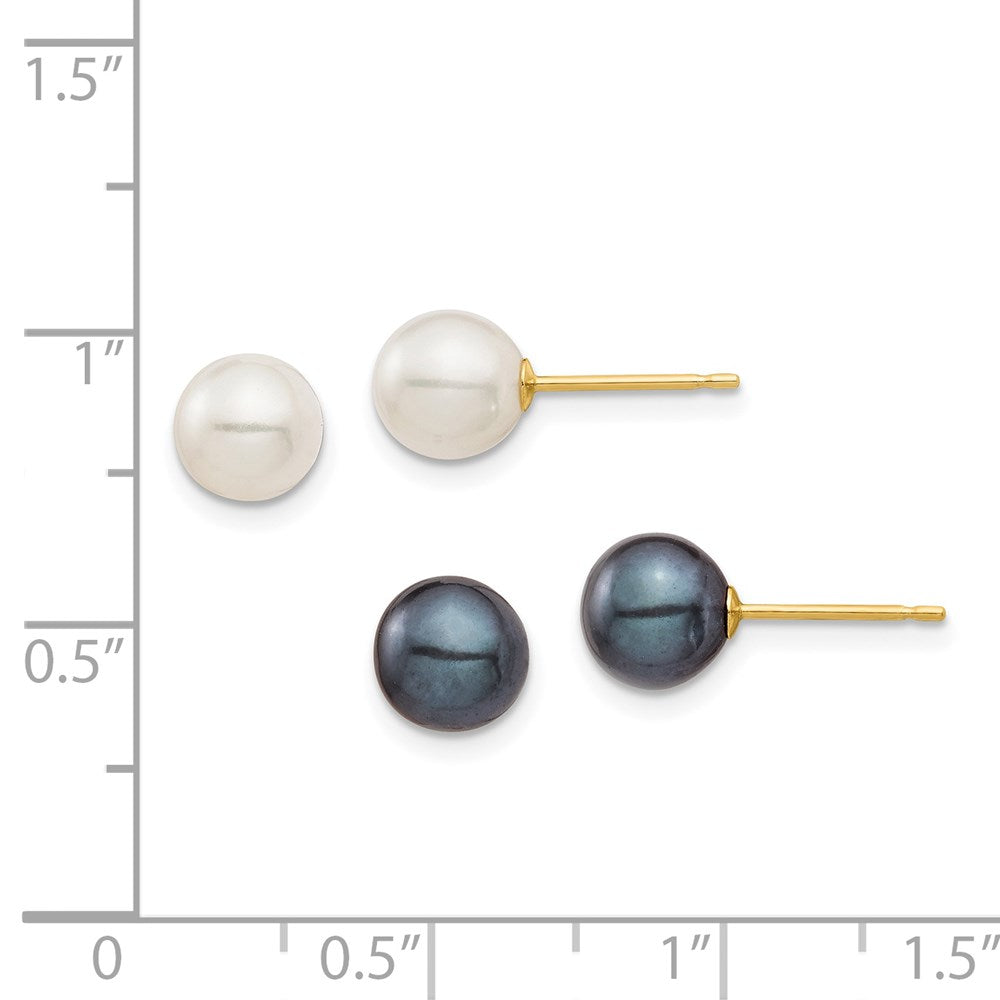 14K Yellow Gold 6-7mm White & Black Round FWC Pearl 2 pair Stud Post Earrings Set
