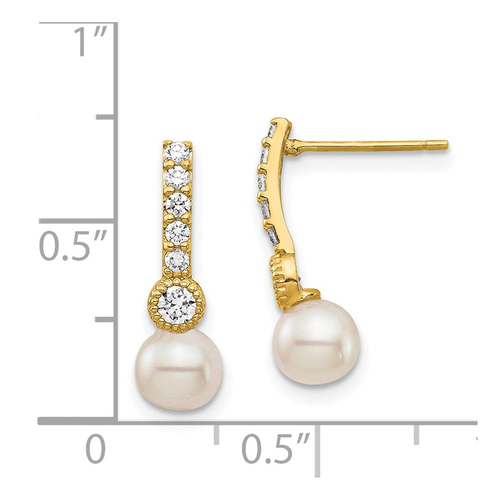 14K Yellow Gold 6mm White Semi-round FWC Pearl CZ Post Drop Earrings