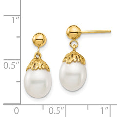 14K Yellow Gold 7-8mm White Rice FWC Pearl Dangle Post Earrings