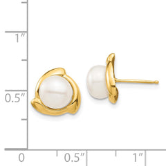 14K Yellow Gold 7-8mm White Button FWC Pearl Post Earrings