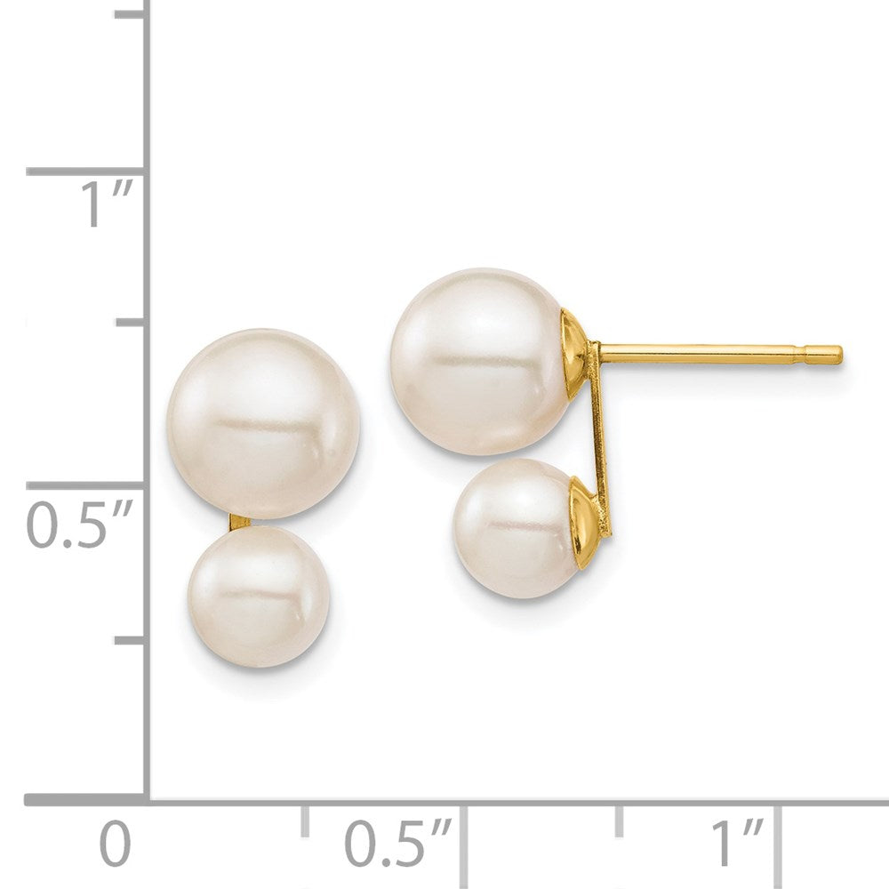 14K Yellow Gold 5 & 7mm White Round FWC Double Pearl Post Earrings