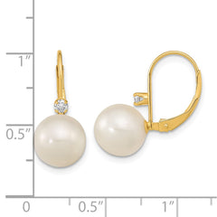 14K Yellow Gold 9-9.5mm White Round FWC Pearl .10ct Diamond Leverback Earrings