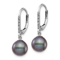 14K White Gold 8-9mm Black FWC Pearl .05ct Diamond Leverback Earrings