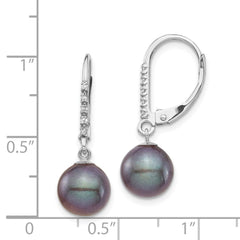 14K White Gold 8-9mm Black FWC Pearl .05ct Diamond Leverback Earrings
