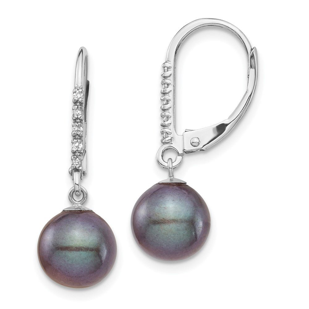 14K White Gold 8-9mm Black FWC Pearl .05ct Diamond Leverback Earrings