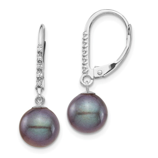 14K White Gold 8-9mm Black FWC Pearl .05ct Diamond Leverback Earrings