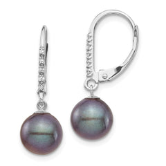 14K White Gold 8-9mm Black FWC Pearl .05ct Diamond Leverback Earrings