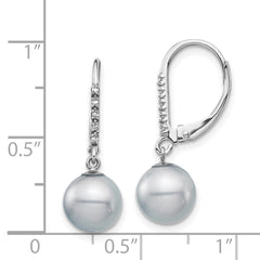 14K White Gold 8-9mm Grey FWC Pearl .05ct Diamond Leverback Earrings