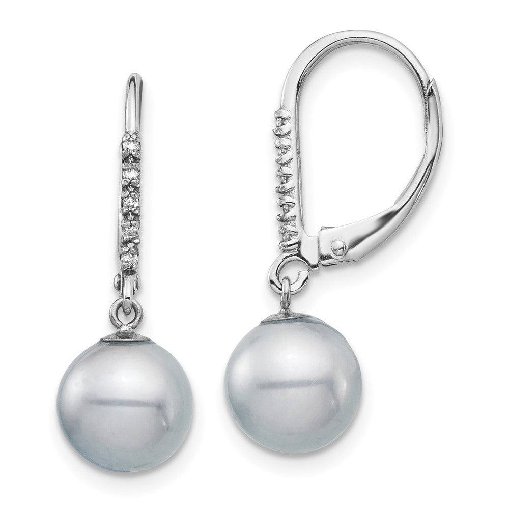 14K White Gold 8-9mm Grey FWC Pearl .05ct Diamond Leverback Earrings