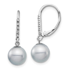 14K White Gold 8-9mm Grey FWC Pearl .05ct Diamond Leverback Earrings