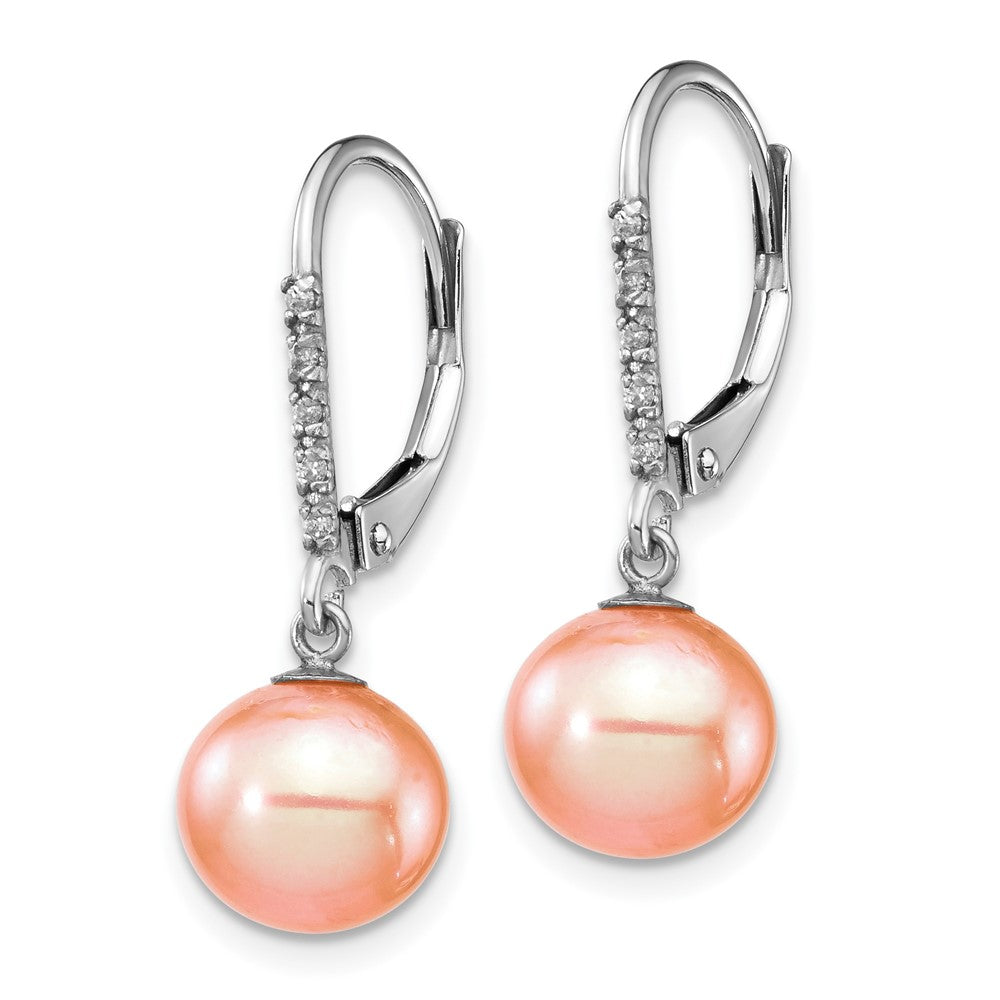 14K White Gold 8-9mm Pink FWC Pearl .05ct Diamond Leverback Earrings