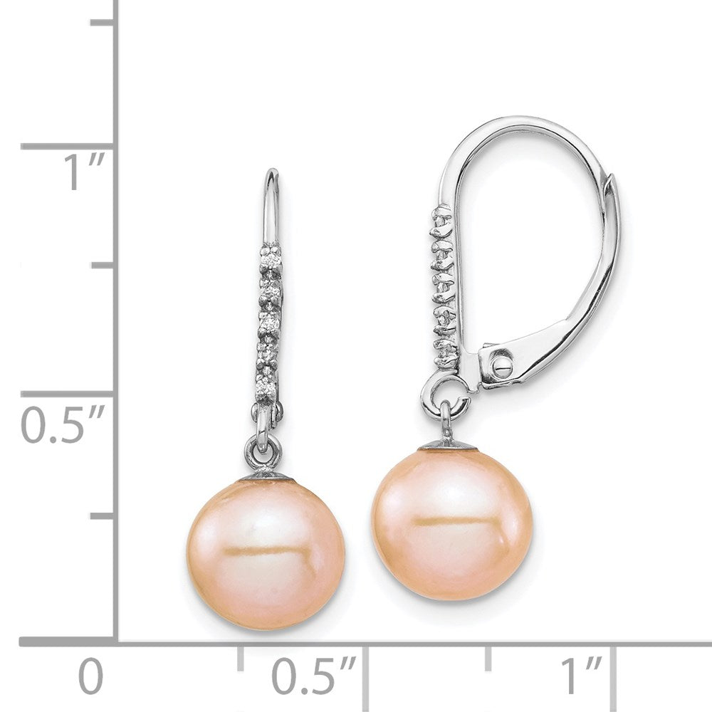 14K White Gold 8-9mm Pink FWC Pearl .05ct Diamond Leverback Earrings