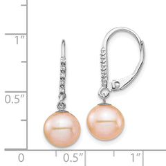 14K White Gold 8-9mm Pink FWC Pearl .05ct Diamond Leverback Earrings