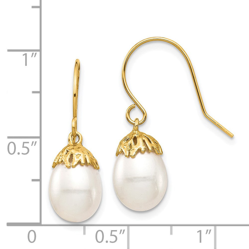 14K Yellow Gold 7-8mm White Rice FWC Pearl Dangle Earrings