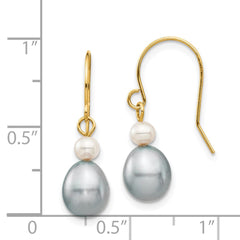 14K Yellow Gold 4-7mm White Grey Round Rice FWC Pearl Dangle Earrings
