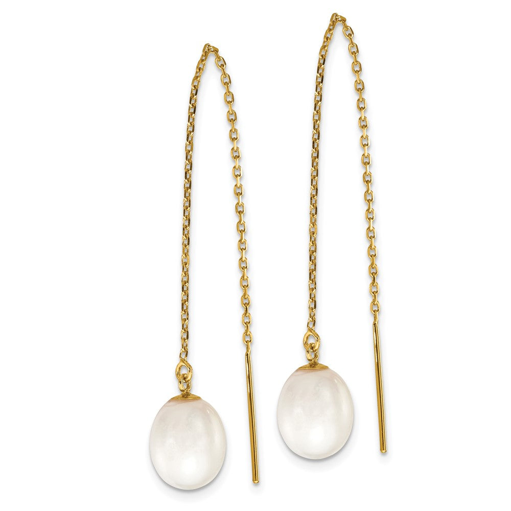 14K Yellow Gold 7-8mm White Rice FWC Pearl Cable Chain Threader Earrings