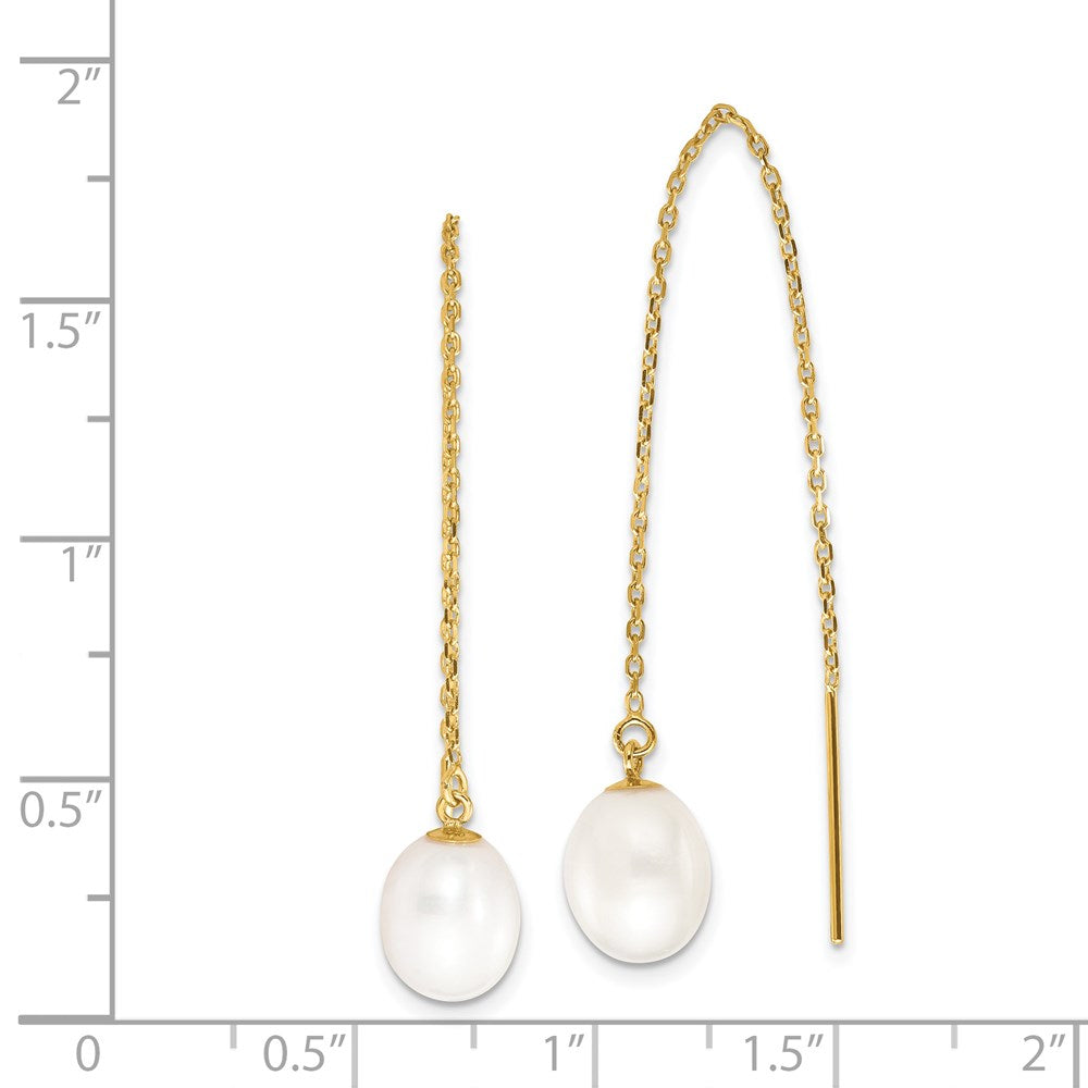 14K Yellow Gold 7-8mm White Rice FWC Pearl Cable Chain Threader Earrings