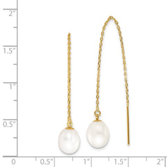 14K Yellow Gold 7-8mm White Rice FWC Pearl Cable Chain Threader Earrings
