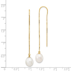 14K Yellow Gold 7-8mm White Rice FWC Pearl Box Chain Threader Earrings