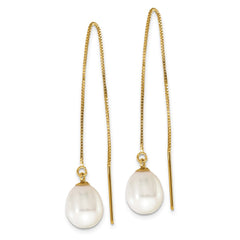 14K Yellow Gold 7-8mm White Teardrop FWC Pearl Box Chain Threader Earrings