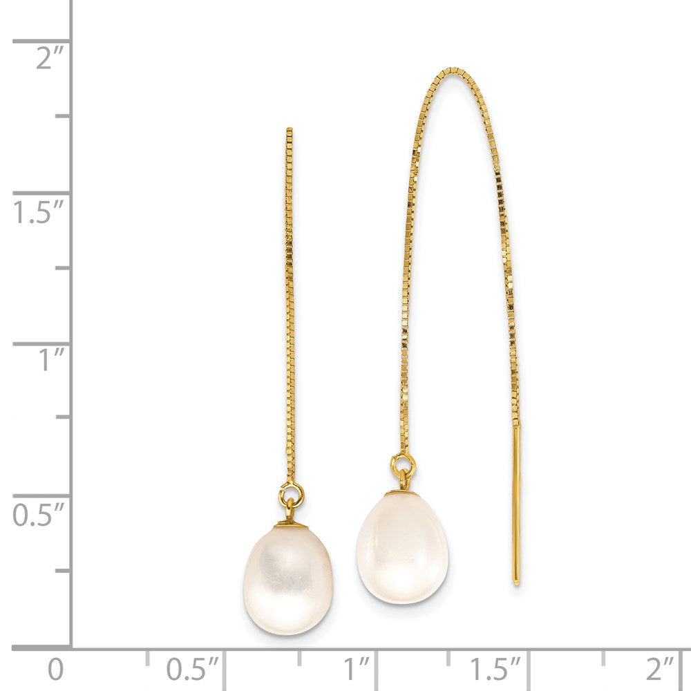 14K Yellow Gold 7-8mm White Teardrop FWC Pearl Box Chain Threader Earrings