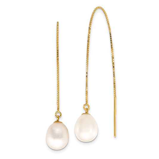14K Yellow Gold 7-8mm White Teardrop FWC Pearl Box Chain Threader Earrings