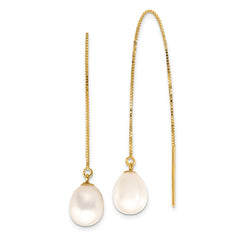 14K Yellow Gold 7-8mm White Teardrop FWC Pearl Box Chain Threader Earrings