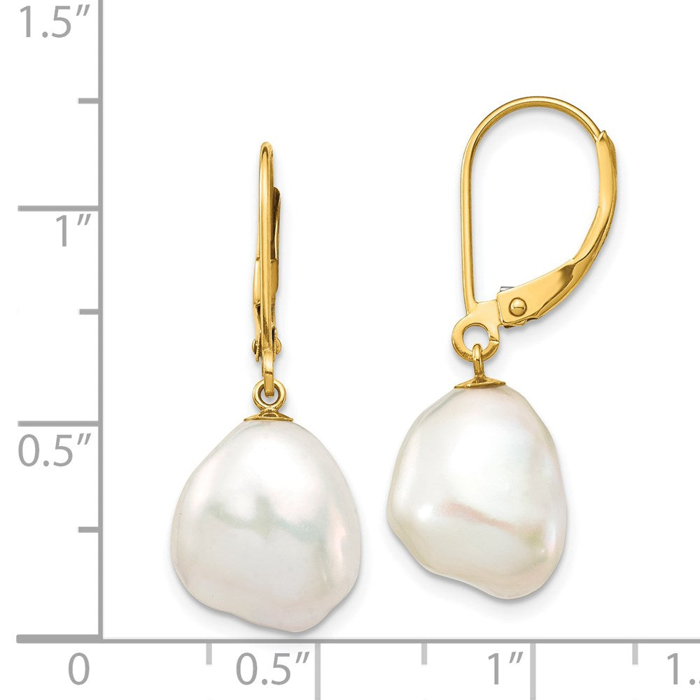 14K Yellow Gold 10x12mm White Keshi FWC Pearl Leverback Earrings