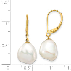 14K Yellow Gold 10x12mm White Keshi FWC Pearl Leverback Earrings