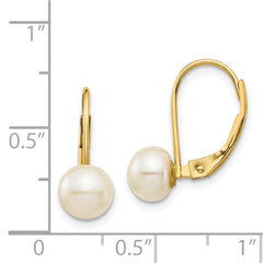 14K Yellow Gold 6-7mm White Button FWC Pearl Leverback Earrings